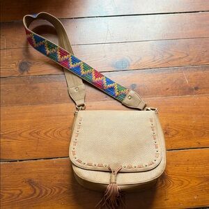 Stylish Tan Crossbody Bag with Colorful Strap